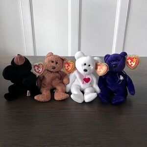 Ty Set of 4 Collectible Beanie Babies -Blackie,Valentino,Curly,Princess- Retired